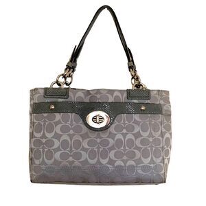 Coach Gray Signature Tote Bag with Embossed Leather Trim and Turnlock Accent
